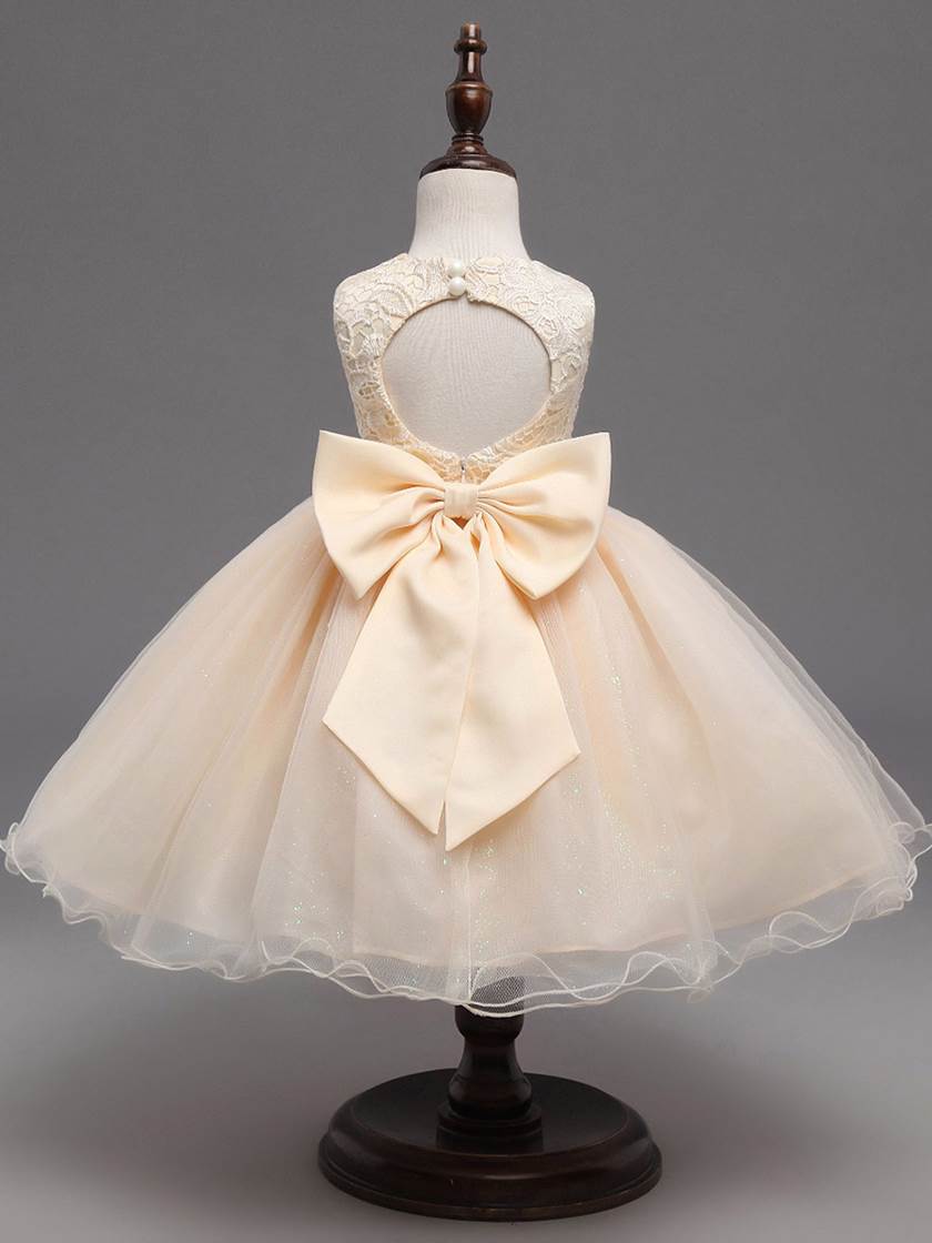 A-Line Tulle Lace Scoop Sleeveless Flower Girl Dress with Bow - YESBABYONLINE