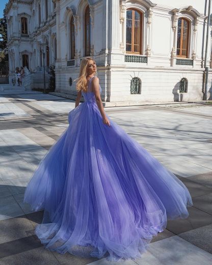 Princess Long V-neck Tulle Sleeveless Ruffles Prom Dresses - YESBABYONLINE