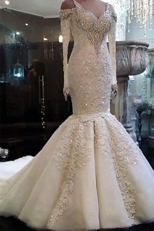 Charming Long Mermaid Off the Shoulder Satin Appliques Lace Wedding Dresses with Sleeves - YESBABYONLINE