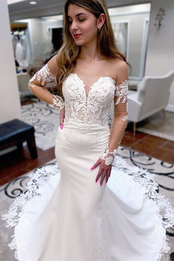 Elegant Long Sleeves Sweetheart Lace Mermaid Wedding Dress with Sleeve   YESBABYONLINE