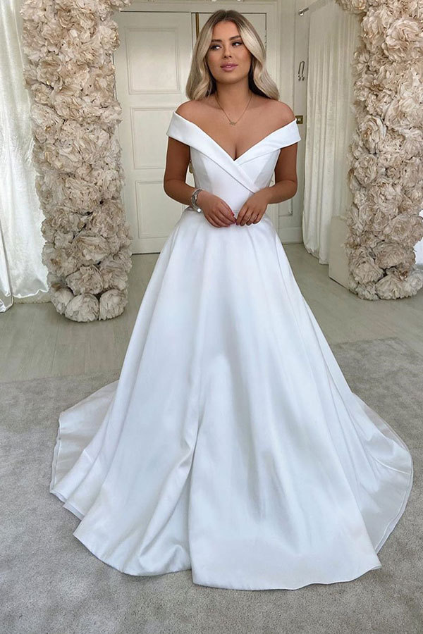 White Long Off The Shoulder Backless A Line Stain Wedding Dresses - YESBABYONLINE