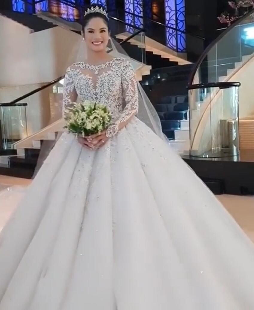 Long Ball Gown Round Neck Lace Appliques Tulle Wedding Dresses with Sleeves - YESBABYONLINE