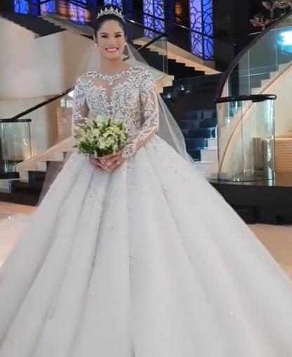Long Ball Gown Round Neck Lace Appliques Tulle Wedding Dresses with Sleeves - YESBABYONLINE