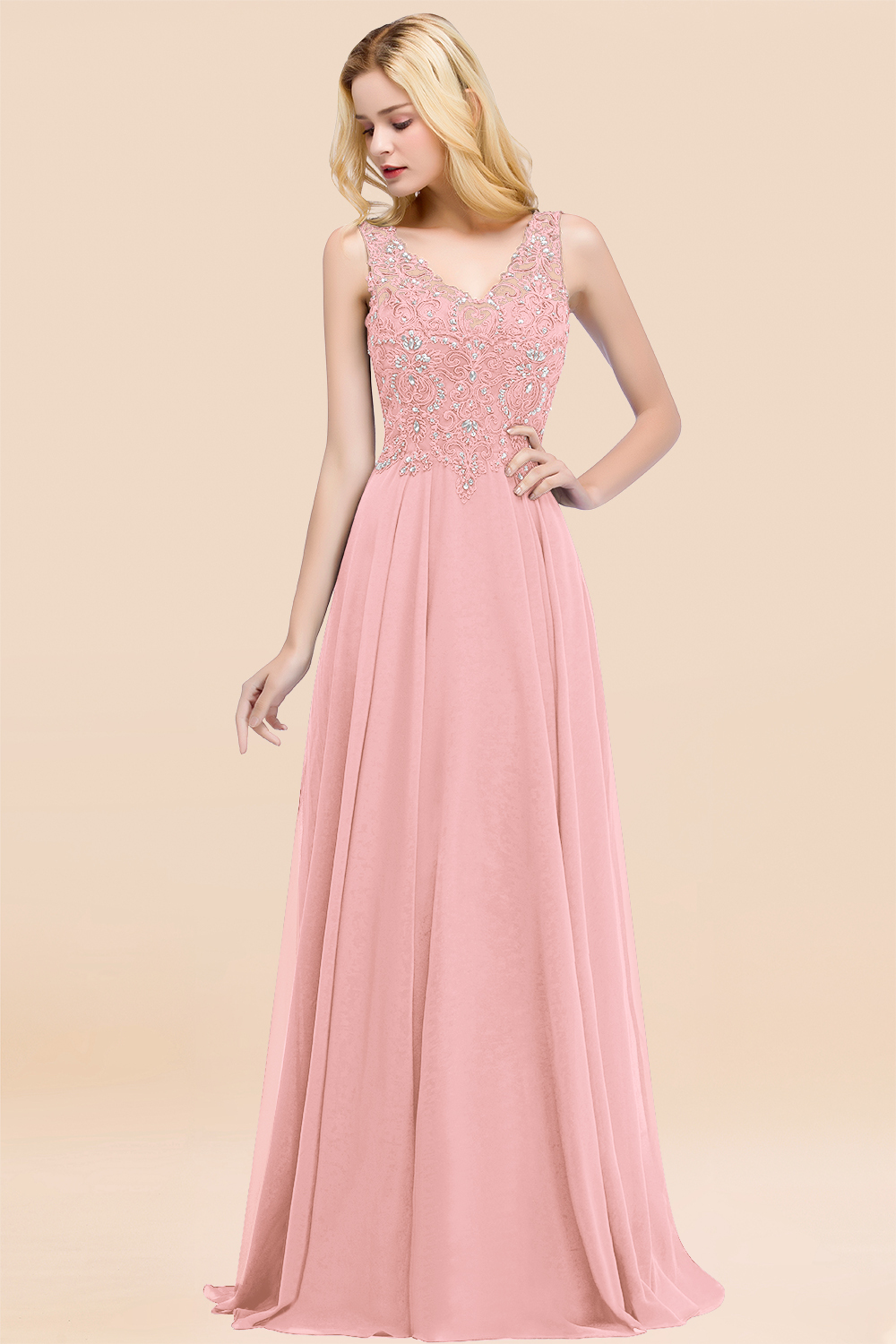 Long A-line Straps V Neck Applique Lace Floor Length Chiffon Bridesmaid Dresses - YESBABYONLINE