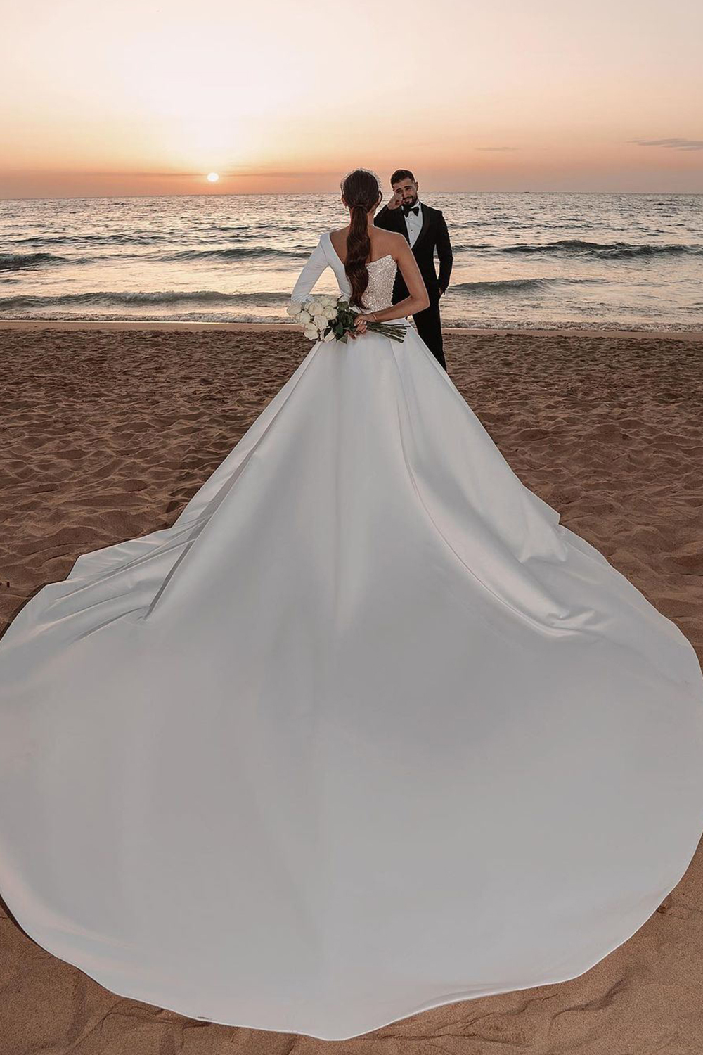 Long Mermiad One Shoulder Ruffle Satin Seqiuns Wedding Dresses with Sleeves - YESBABYONLINE