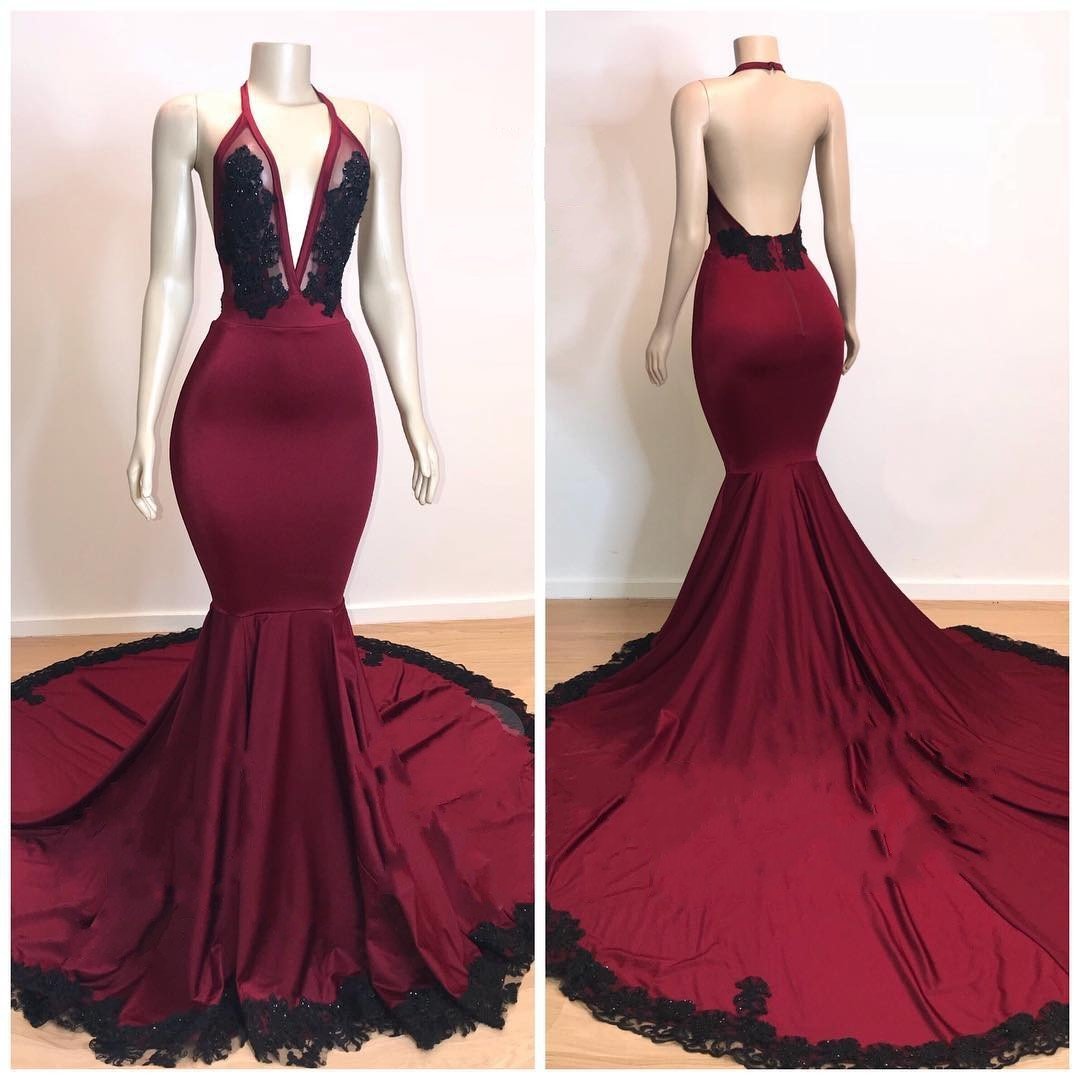 Burgundy Long Mermaid V-neck Halter Appliques Lace Backless Evening Dresses - YESBABYONLINE