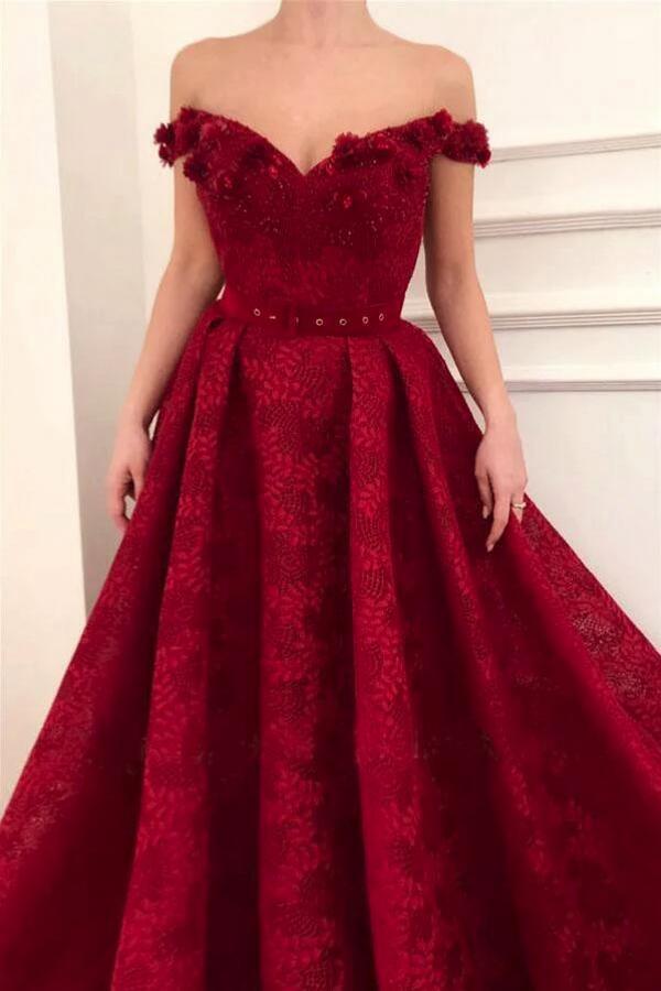 Elegant Long Off the Shoulder A-Line Sleeveless Lace Prom Dresses - YESBABYONLINE