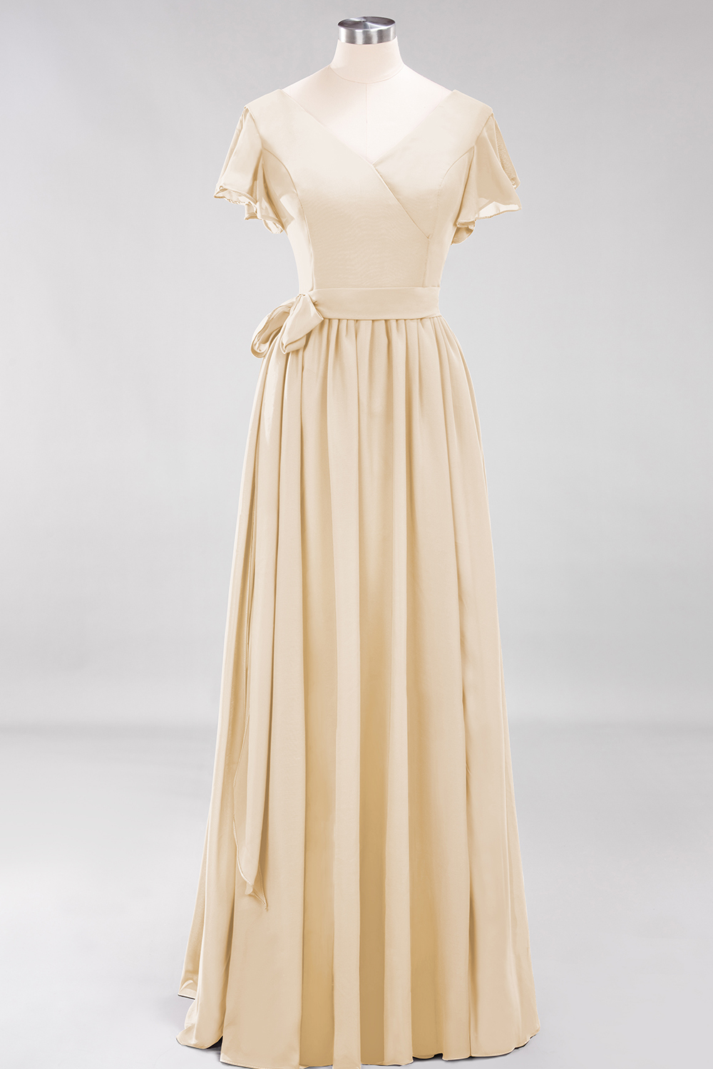 Elegant A-line V-Neck Short Sleeves Floor-Length Bridesmaid Dresses with Bow Sash - YESBABYONLINE