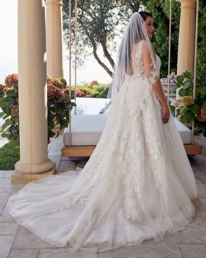 Glamorous Long A Line Sleeveless V Neck Tulle Lace Wedding Dresses - YESBABYONLINE