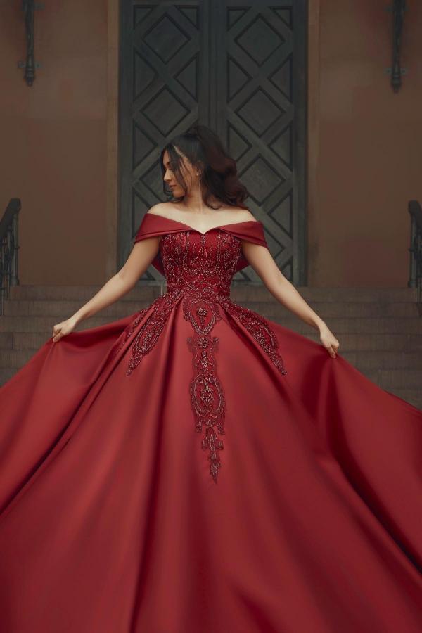Long Off the Shoulder Satin Ball Gown Wedding Dress with Appliques Lace - YESBABYONLINE