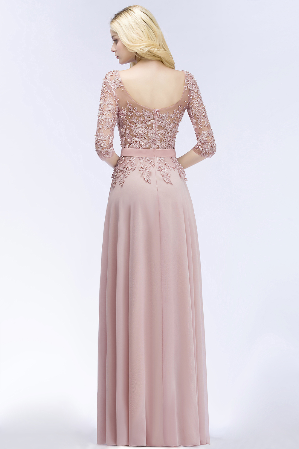 Long A line Appliques Lace Floor Length Chiffon Bridesmaid Dresses with Sleeves - YESBABYONLINE