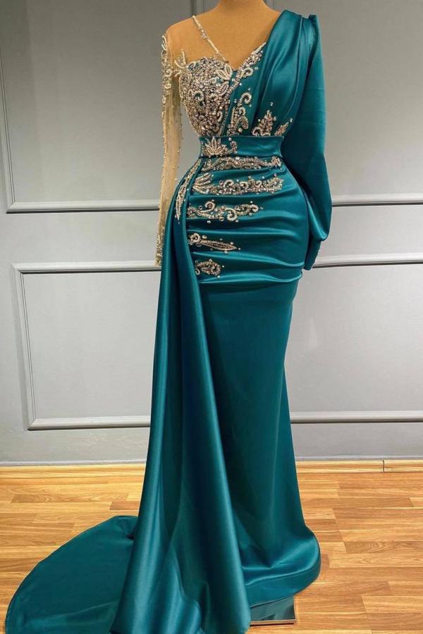 Elegant Long Sleeve V-neck Beading Floor-length Mermaid Prom Dress With Side Train - YESBABYONLINE