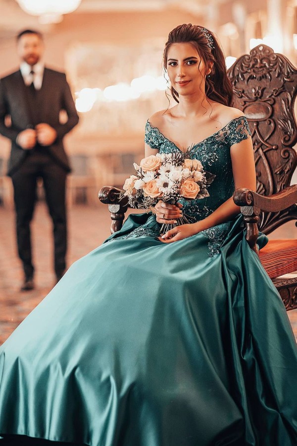 Gorgeous Long A Line Off the Shoulder Satin Lace Prom Dresses - YESBABYONLINE