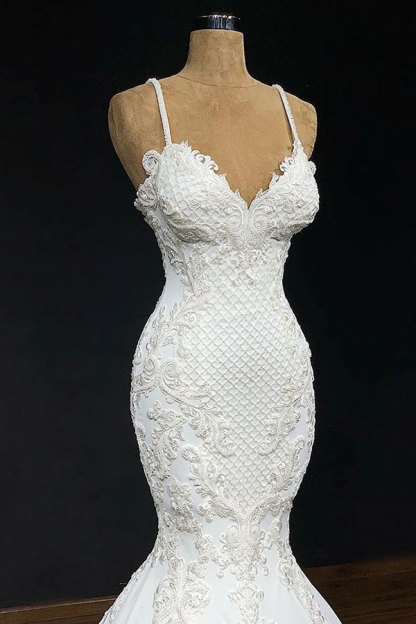 Elegant Long Sweetheart Spaghetti Straps Applique Lace Wedding Dress - YESBABYONLINE