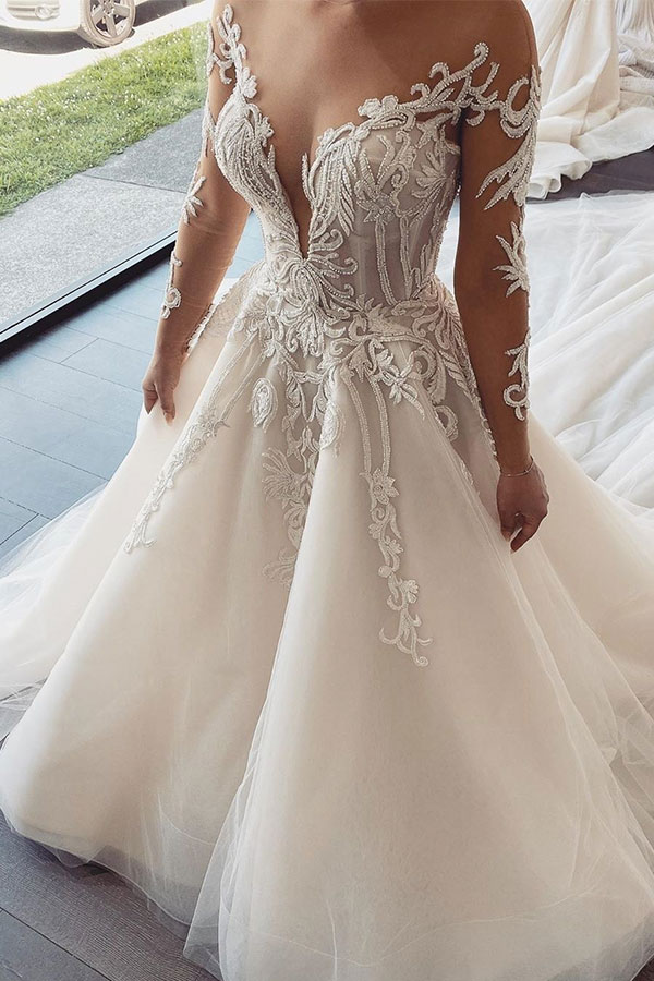 Sexy Long A-line Sweetheart Tulle Lace Backless Wedding Dresses with Sleeves - YESBABYONLINE