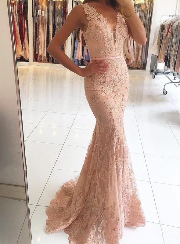 Sexy Long Mermaid V-neck Tulle Lace Formal Prom Dresses - YESBABYONLINE