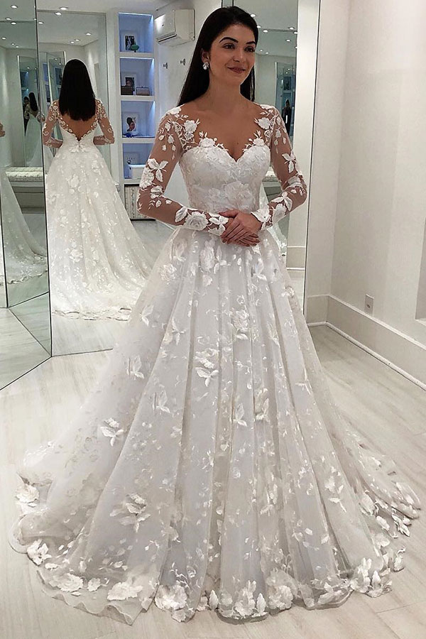 Gorgeous Long A-line V-Neck Applique Lace Tulle Wedding Dresses with Sleeves - YESBABYONLINE