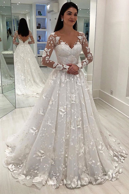 Gorgeous Long A-line V-Neck Applique Lace Tulle Wedding Dresses with Sleeves - YESBABYONLINE