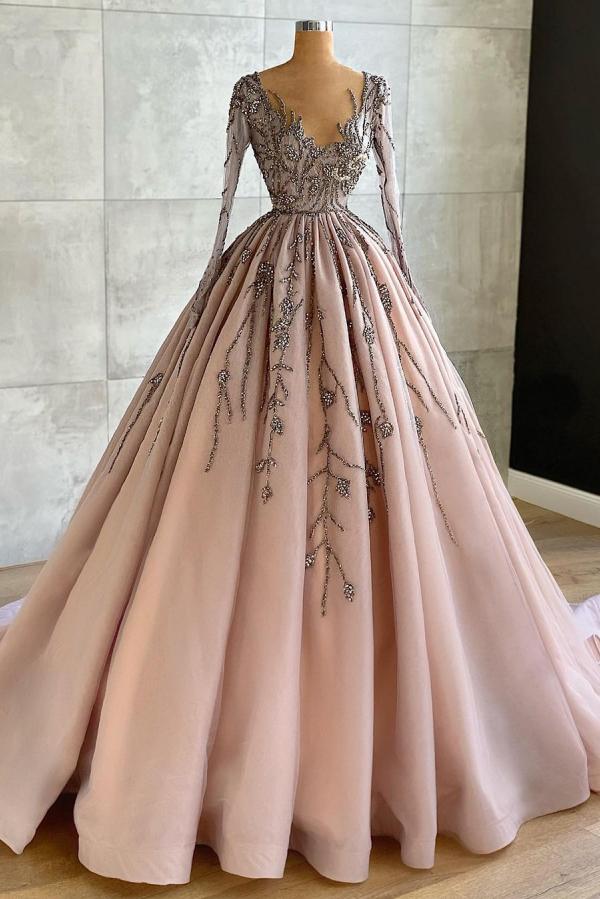 Luxury Long Ball Gown V-neck Sleeveless Tulle Ruffles Prom Dresses with Sleeves - YESBABYONLINE