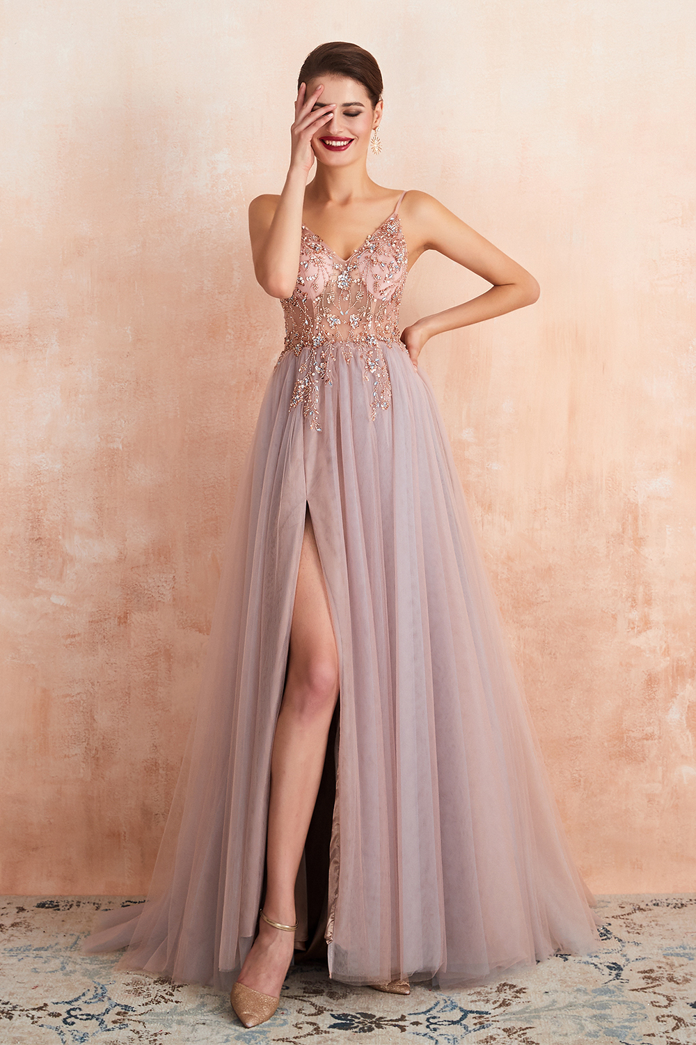 Long A-line Spaghetti Straps V-neck Tulle Backless Prom Dresses with Side Slit - YESBABYONLINE
