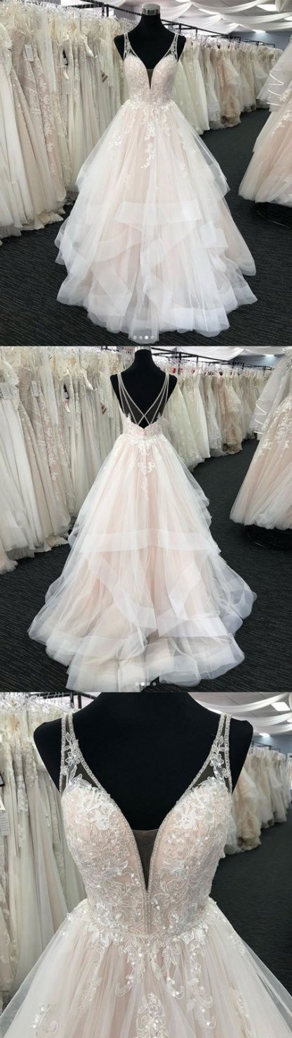 Chic Long V-Neck A-Line Sleeveless Floor length Tulle Wedding Dress with Ruffles - YESBABYONLINE