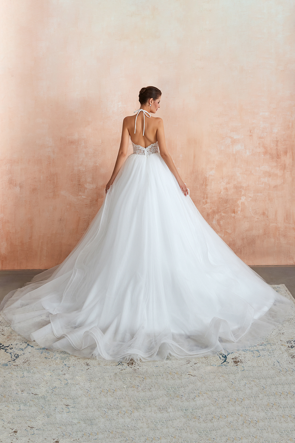 Long Ball Gown Halter Backless Tulle Lace Wedding Dresses - YESBABYONLINE