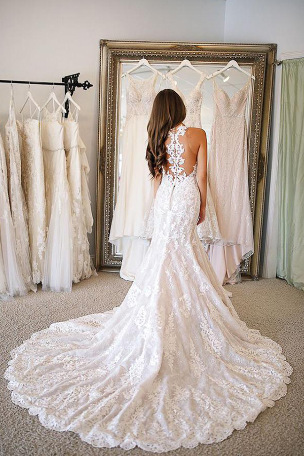 White Long Mermiad Sleeveless Sweetheart Tulle Wedding Dresses With Appliques - YESBABYONLINE