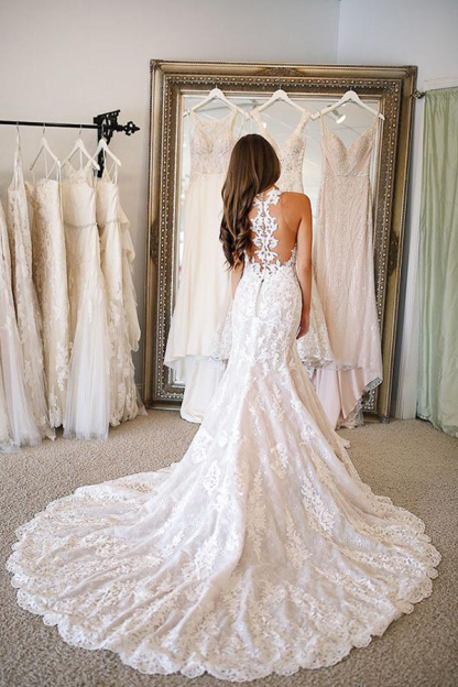 White Long Mermiad Sleeveless Sweetheart Tulle Wedding Dresses With Appliques - YESBABYONLINE