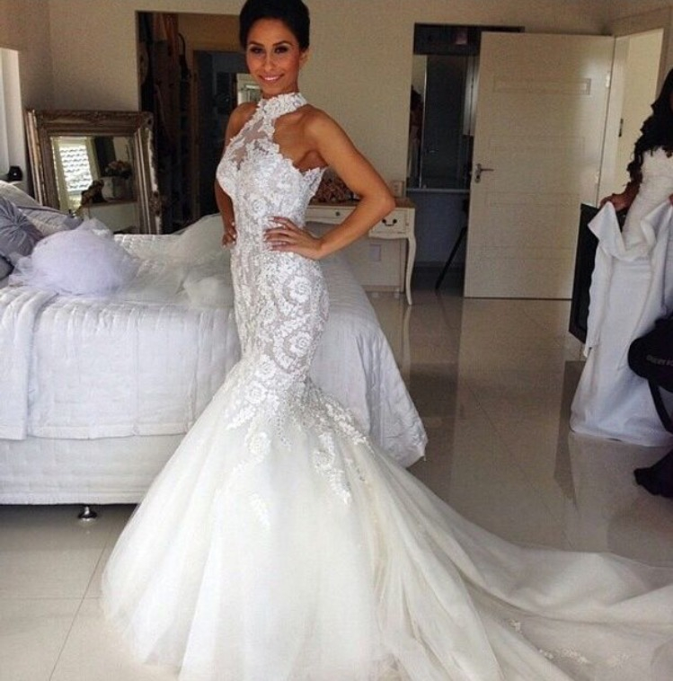 Long Halter Tulle Applique Lace Sleeveless Mermaid Wedding Dresses - YESBABYONLINE