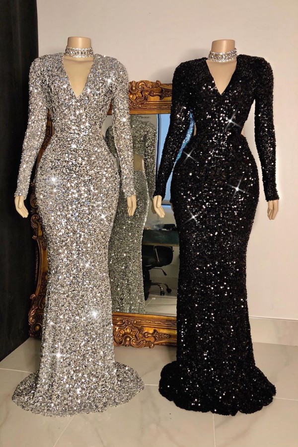 Glitter Long V-neck Sequined Floor Length Mermaid Prom Dresses with Sleeves - YESBABYONLINE