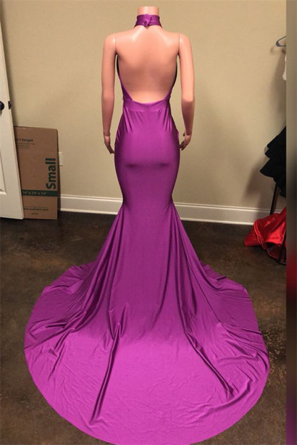 Purple Long Halter V-Neck Backless Sleeveless Mermaid Prom Dresses - YESBABYONLINE