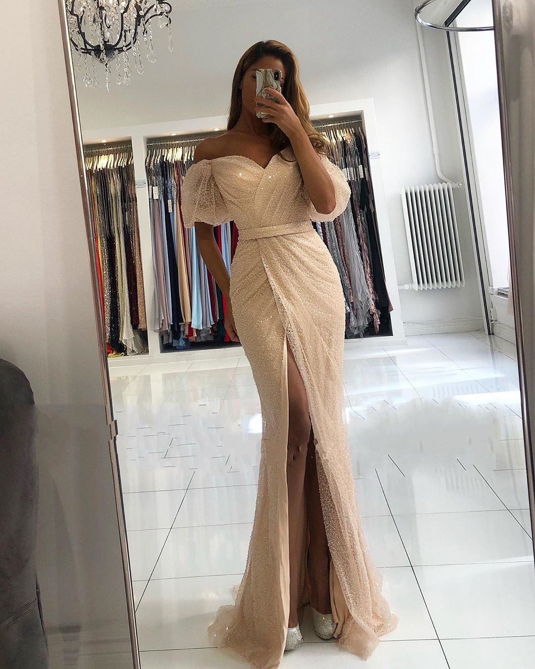 Modest Long Mermaid Off the Shoulder Sequined Side Slit Prom Dress with Puffy Sleeves - YESBABYONLINE
