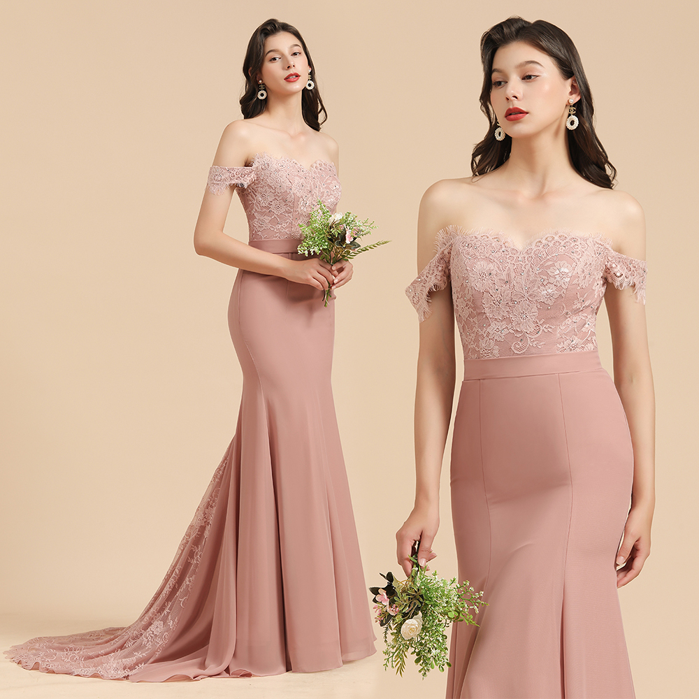 Long Off the Shoulder Floral Lace Appliques Mermaid Bridesmaid Dress - YESBABYONLINE