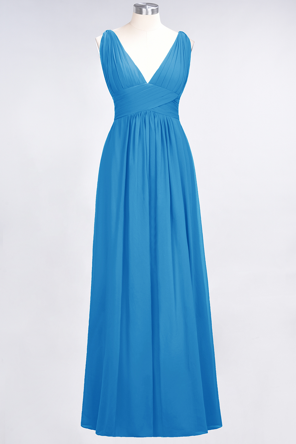 Long A Line V Neck Sleeveless Floor Length Bridesmaid Dress with Ruffle - YESBABYONLINE