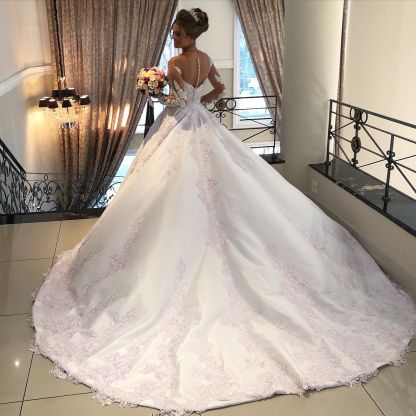 Long Sleeves A-Line Sweetheart Ruffles Wedding Dress with Appliques Lace - YESBABYONLINE