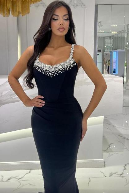 Simple Spaghetti Straps Mermaid Prom Dress with Beads and Rhinestones