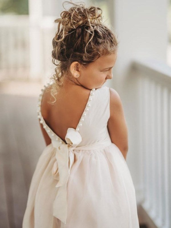 Ivory Satin Tulle Sleeveless Flower Girl Dress Formal Kids Dress for Party - YESBABYONLINE