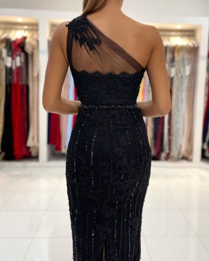 Elegant Black One Shoulder Appliques Lace Knee-length Mermaid Prom Dress - YESBABYONLINE