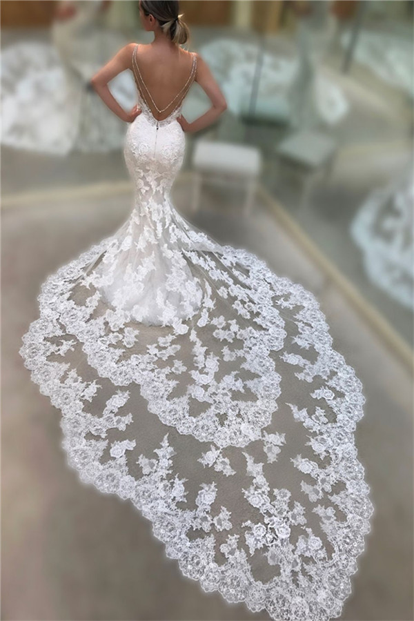 Stunning Long Spaghetti Straps Appliques Lace Mermaid Backless Wedding Dress With Train - YESBABYONLINE