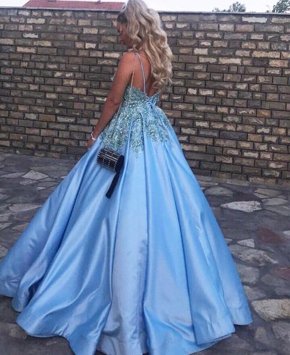 Luxury Long Ball Gown Satin Sleeveless V Neck Appliques Lace Prom Dresses - YESBABYONLINE
