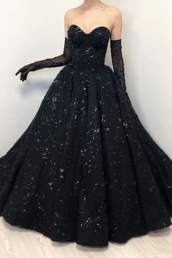 Stunning Black Long Sweetheart Strapless A-Line Lace Floor-Length Wedding Dresses - YESBABYONLINE