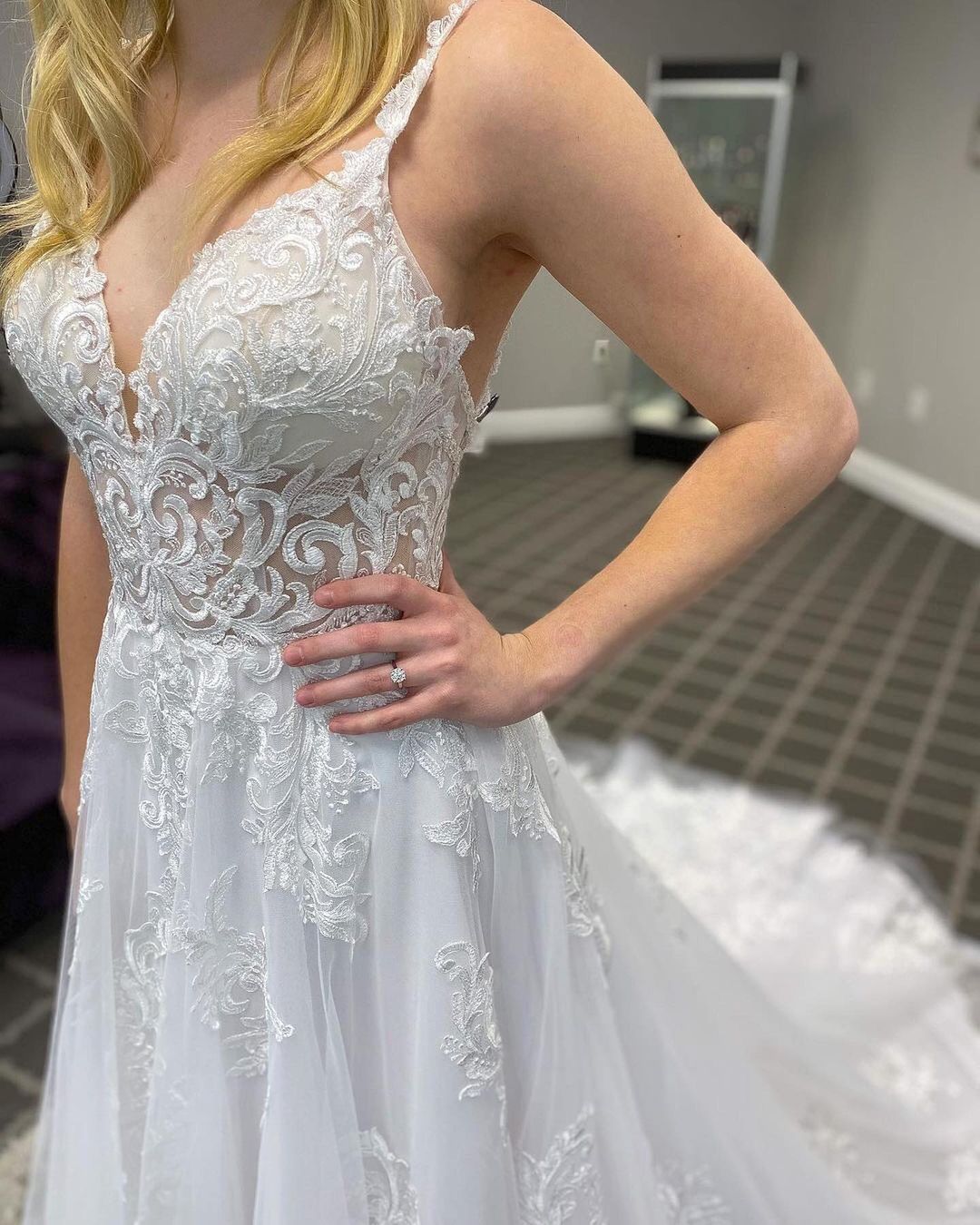 Long A-line V-Neck Straps Tulle Lace Open Back Wedding Dress - YESBABYONLINE