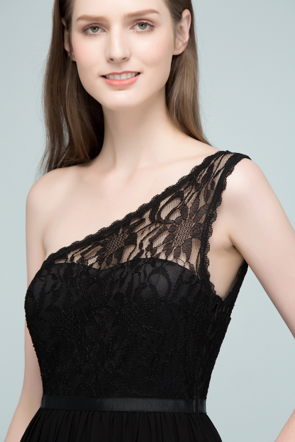 Long A Line One shoulder Floor Length Lace Chiffon Bridesmaid Dress - YESBABYONLINE