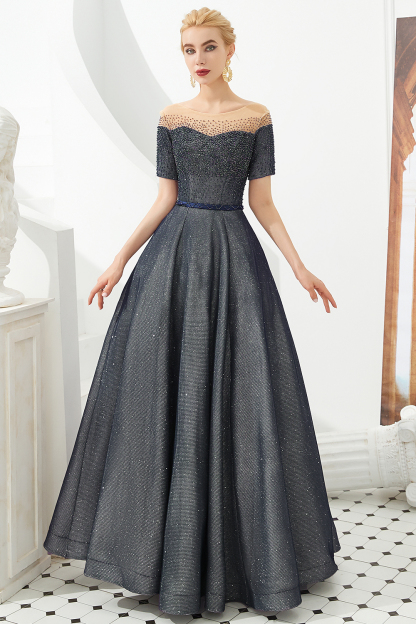 Glamorous Long A-line Round Neckline Floor Length Prom Dresses with Short Sleeves - YESBABYONLINE