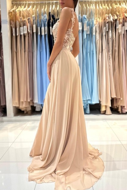 Elegant Long A-line Straps Sleeveless Lace Chiffon Prom Dress with Slit - YESBABYONLINE