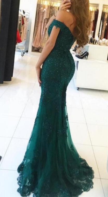 Long Off-the-shoulder Mermaid Tulle Lace Prom Dress with Appliques Lace - YESBABYONLINE