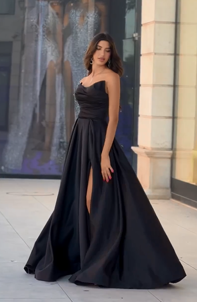 Elegant Black Long A-line Sleeveless Strapless Prom Dress with Slit - YESBABYONLINE