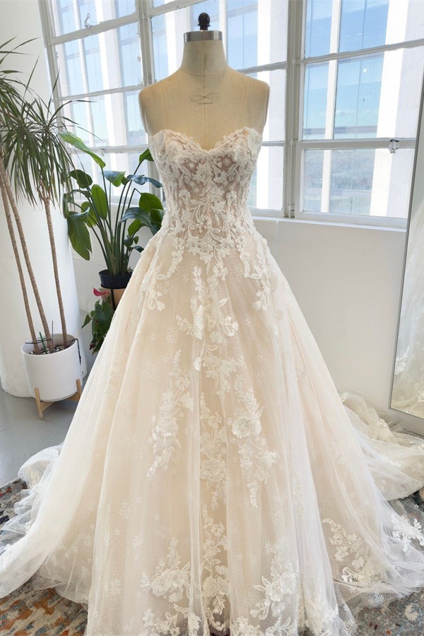 Long A Line Strapless Tulle Lace Sleeveless Floor Length Wedding Dress with Appliques - YESBABYONLINE