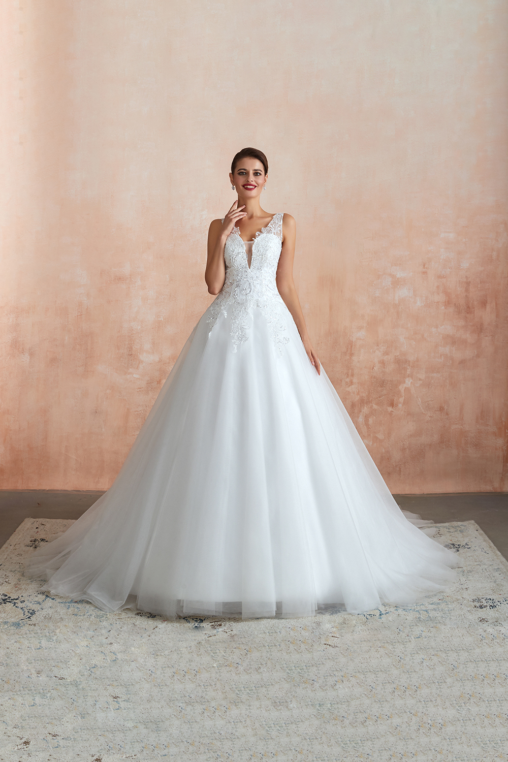 Long A-line V-neck Floor Length Lace Tulle Wedding Dresses - YESBABYONLINE