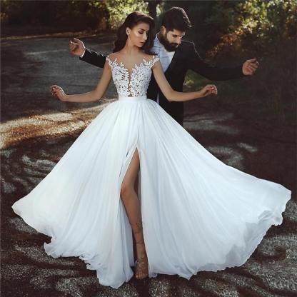 Long A-line Chiffon Lace Appliques Sleeveless Wedding Dresses with Slit - YESBABYONLINE